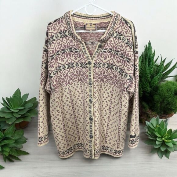 DALE OF NORWAY Patterned Cardigan Sweater size large vintage chunky wool blend - Picture 1 of 8